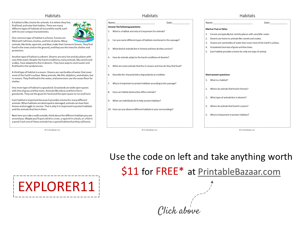 Habitats Reading Comprehension Passage Printable Worksheet Teaching