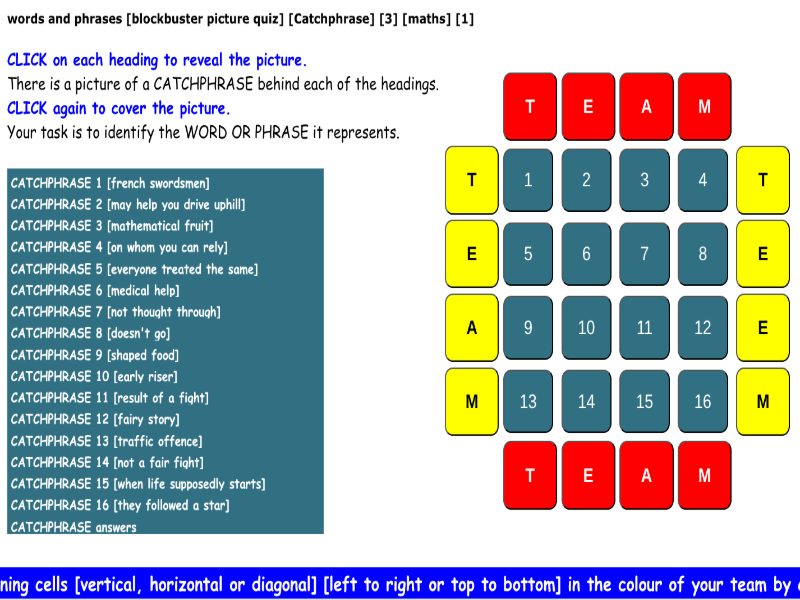 words and phrases [blockbuster picture quiz] [Catchphrase] [3] [maths] [1]