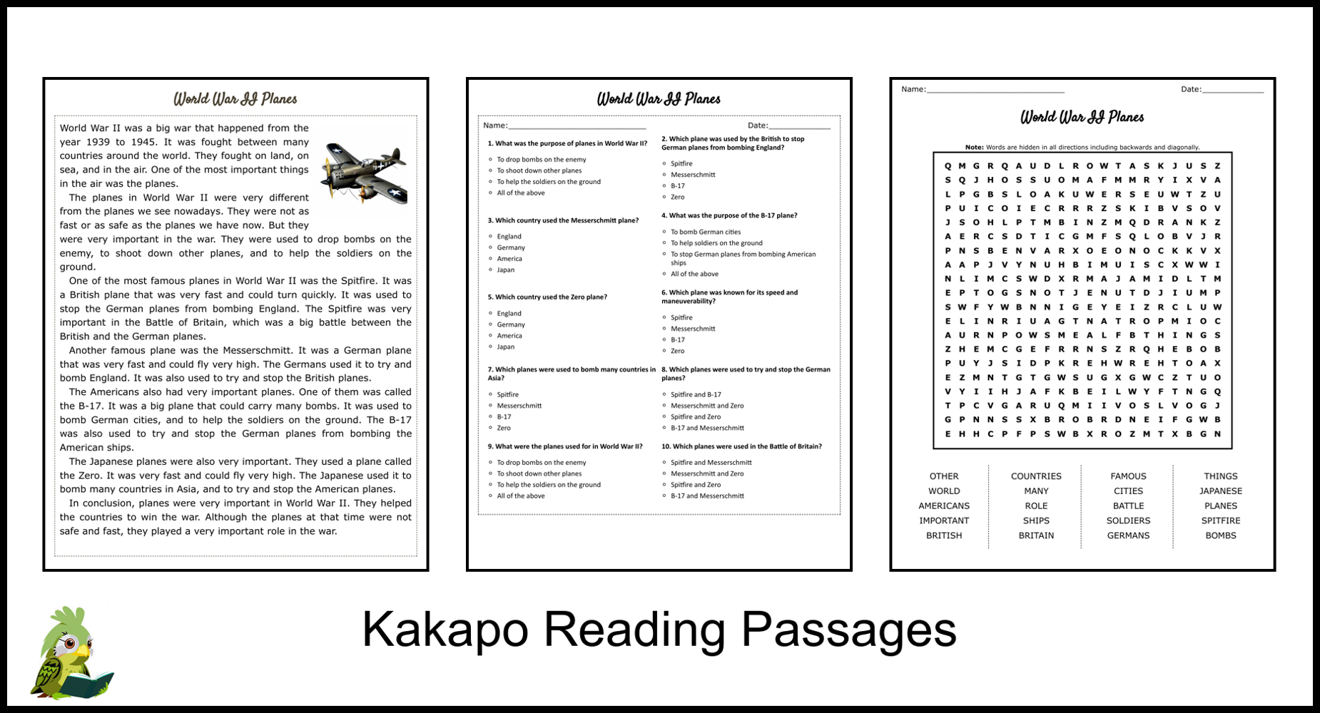 World War II Planes Reading Comprehension and Word Search | Teaching ...