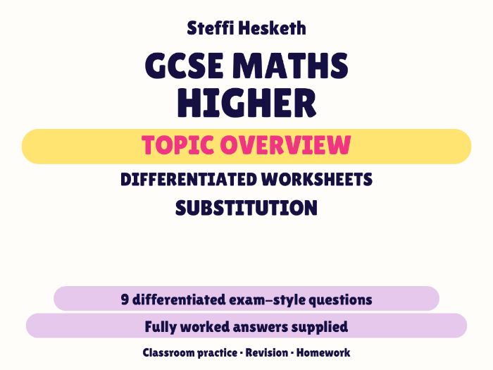 GCSE Higher Substitution | Topic Overview Differentiated Worksheet