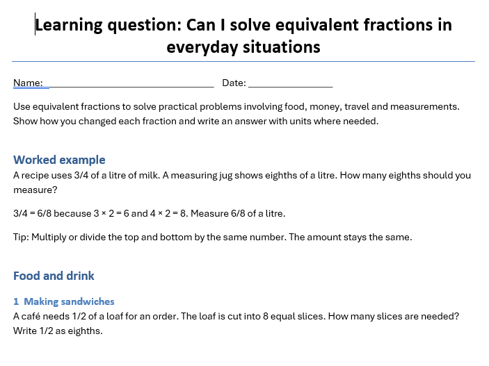 Functional skills level 1 & 2  - Applying equivalent fractions to real life contaxts - Question book