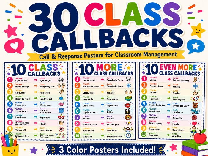 30 Class Callbacks Posters | Call and Response Classroom Management