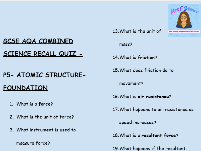 GCSE Physics P5 Forces – 30 Foundation Retrieval Questions | AQA | Low-Stakes Quiz + Answers