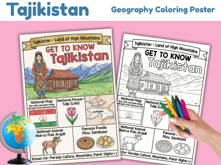 Tajikistan Geography Coloring Poster | Country Facts for Kids