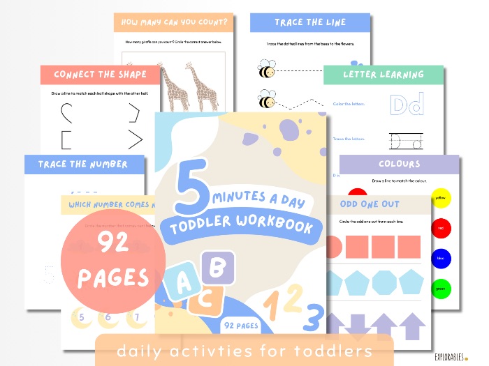 5 minutes a day workbook for toddlers, daily functional skills practice, letters, numbers, shapes