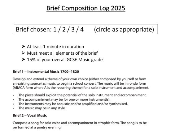GCSE MUSIC EDEXCEL BRIEF COMPOSITION BOOKLET 2025/26