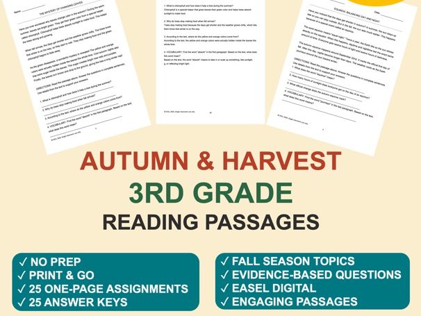 3rd Grade Reading Comprehension Passages & Answer Keys | Fall Autumn Edition Bundle (25 Pack)