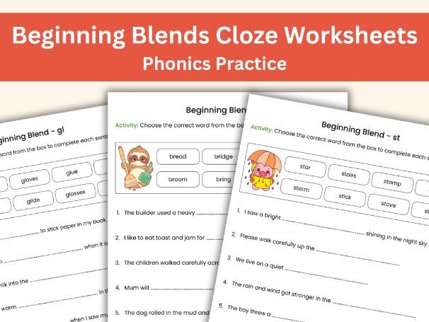 Beginning Blends Cloze Sentences Workbook – Phonics Practice Worksheets for Kids Aged 5-7