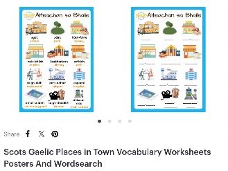 Scots Gaelic Places in Town Vocabulary Worksheets Posters And Wordsearch