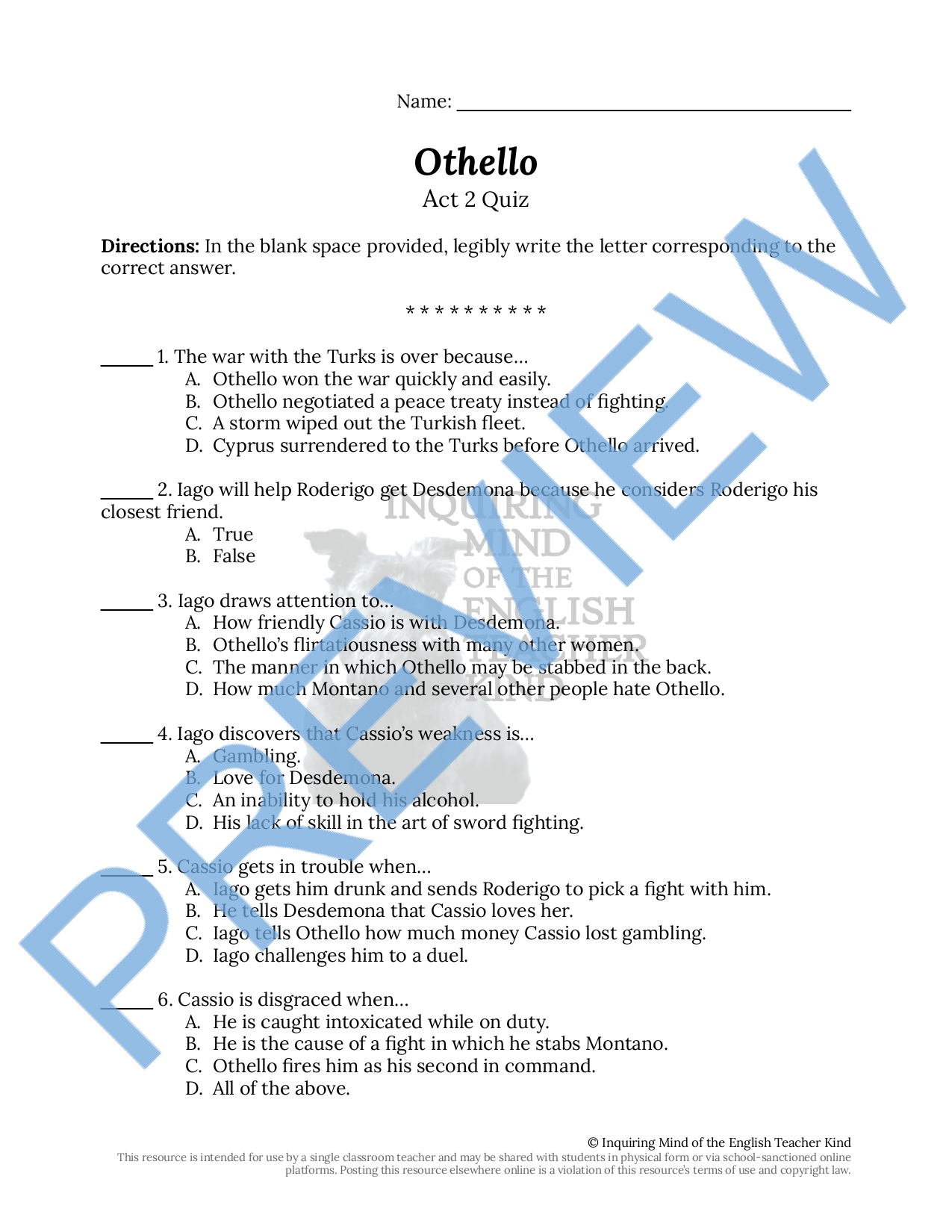 Othello Act 2 Quiz and Answer Key | Teaching Resources