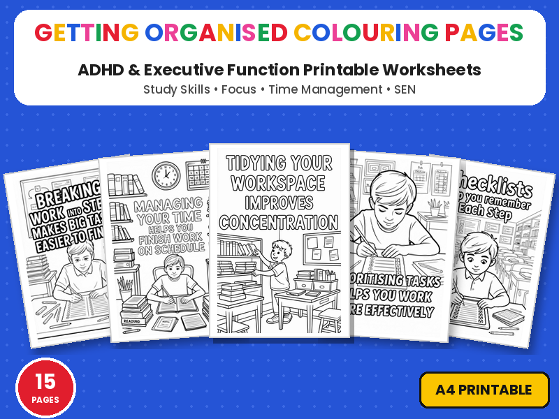 Getting Organised ADHD Colouring Pages | Executive Function Printable Colouring Page Worksheets