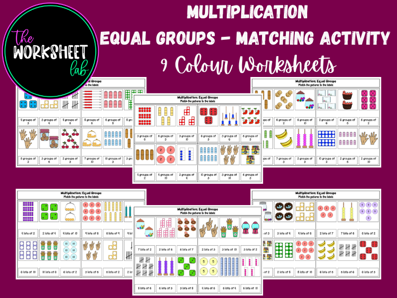 Multiplication - Equal Groups Matching Activity Worksheets in Colour