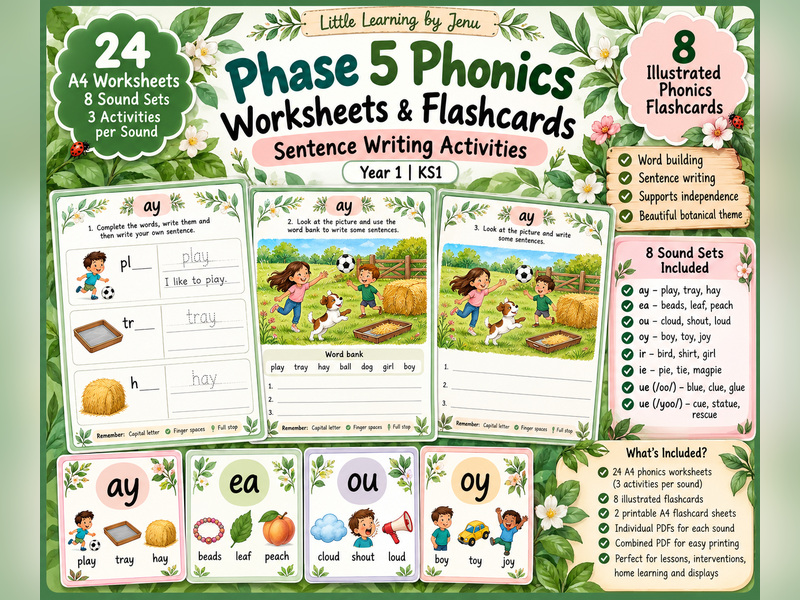 Phase 5 Phonics Worksheets & Flashcards | Sentence Writing Activities | Year 1 KS1