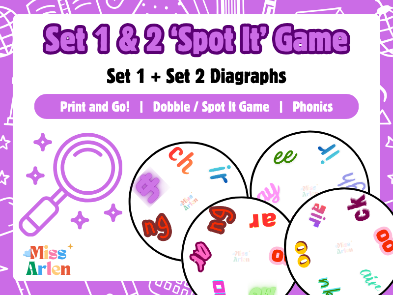 Phonics Spot It / Dobble Inspired Game, RWI Set 1 and Set 2 Digraphs, Phonics Game, Intervention