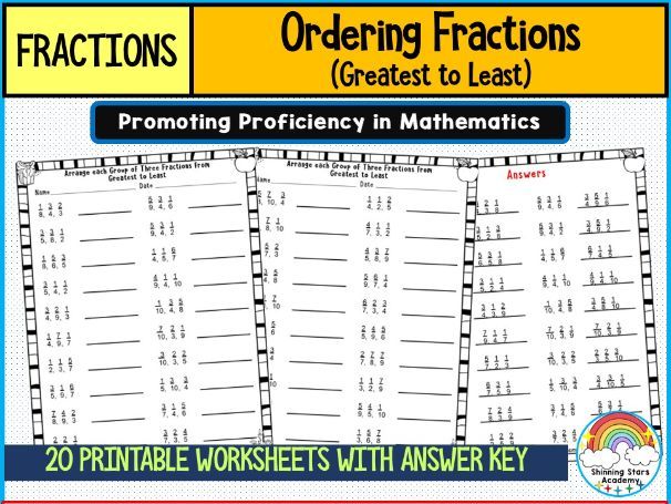 Ordering Fractions (Greatest to Least) Worksheets | Printable Fractions Practice