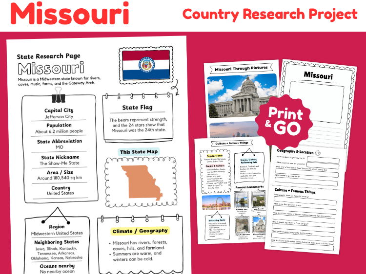 Missouri State Research Project | US Geography & State Study Worksheets