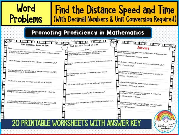 Find Distance, Time, or Speed in Each Problem with Decimal Numbers and Unit Conversion – Worksheets