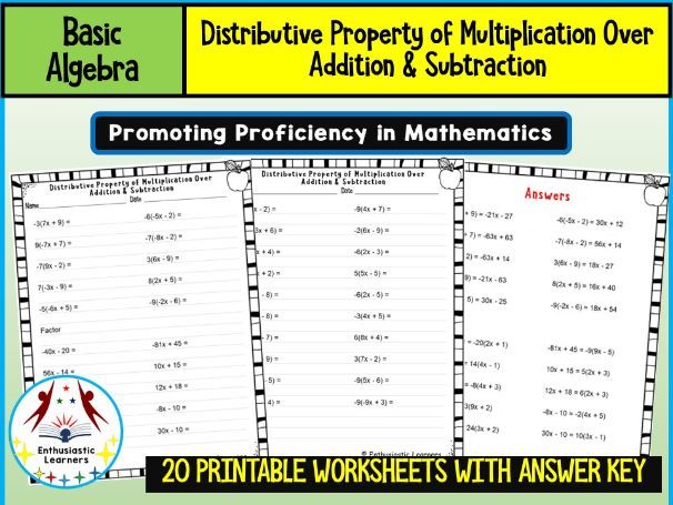 Distributive Property of Multiplication over Addition and Subtraction Worksheets Math Problems