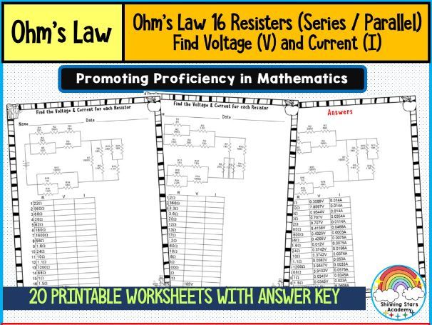 Ohm’s Law – 16 Resistors (Series / Parallel) (Find Voltage (V) and Current (I)) Worksheets | Advance