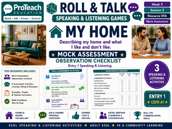 ESOL Entry 1 Speaking & Listening Mock Assessment | Week 9 – Me & My Home