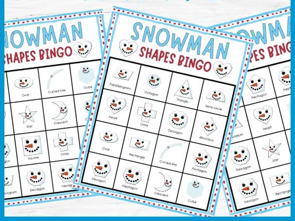 Fun Winter 2D Shapes Snowman Bingo Game Holiday Seasonal Math Center Activities