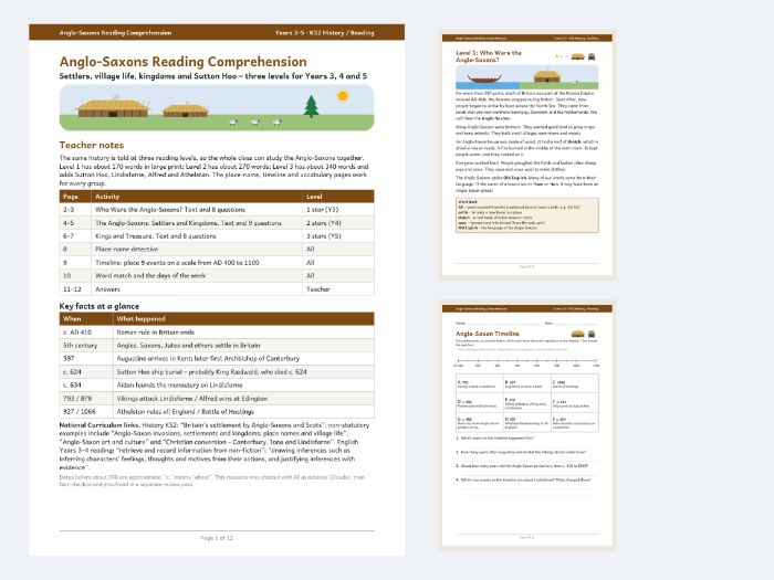 Anglo-Saxons Reading Comprehension 3 Levels KS2