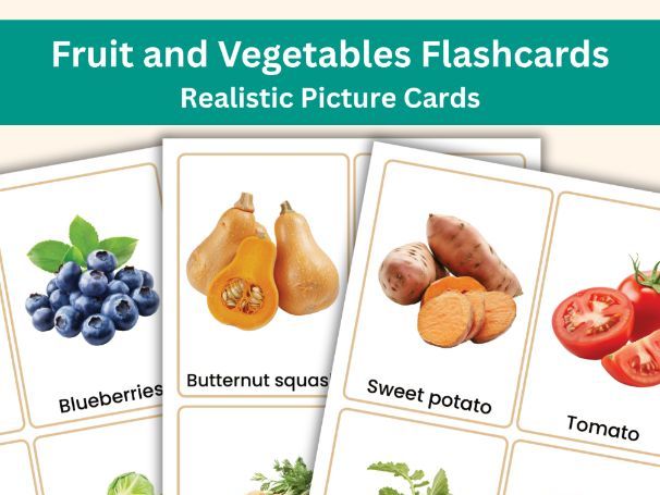 Fruit and Vegetables Flashcards | 60 Realistic Picture Cards for Early Years, KS1 & ESL