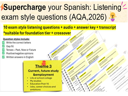 GCSE Spanish Revision: Listening Exam style questions+audio (AQA, 2026 -theme 3)