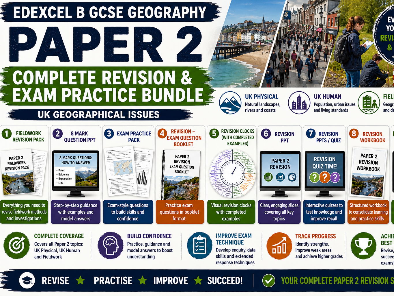 Edexcel B GCSE Geography Paper 2 Complete Revision & Exam Practice Bundle