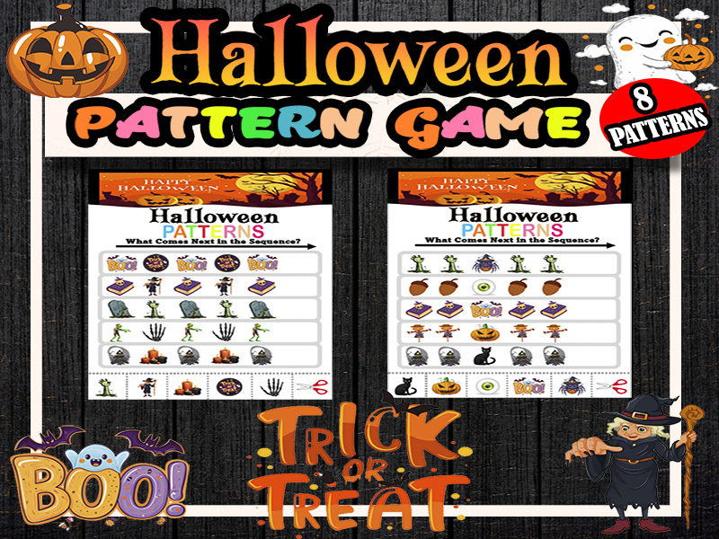 Halloween Finish the Pattern Worksheets Puzzles Activity for EYFS / Nursery / Reception