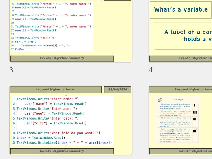 KS3 Small Basic: Lesson 6 – Arrays & Lists (Storing, Modifying & Retrieving Data)