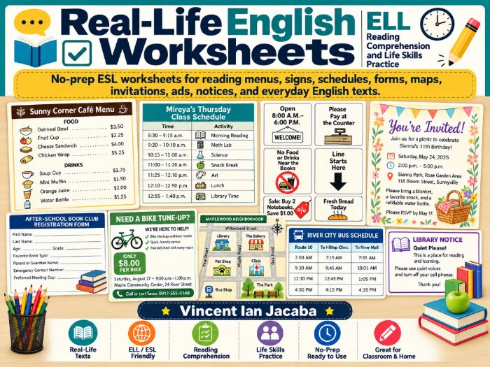Real-Life English Reading Comprehension Worksheets | ELL ESL Life Skills Practice