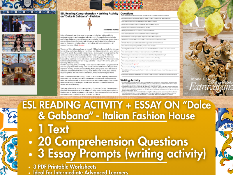 ESL Reading Comprehension + Writing Activity - Dolce and Gabbana - Fashion House