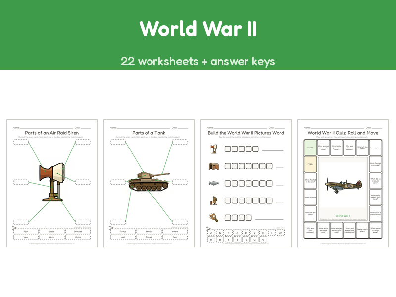 World War II | 22 No-Prep Worksheets + Answer Keys | Ages 7-11