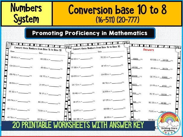 Conversion Base 10 to 8 (16–511) Number System Worksheets Decimal to Octal Conversion Practice