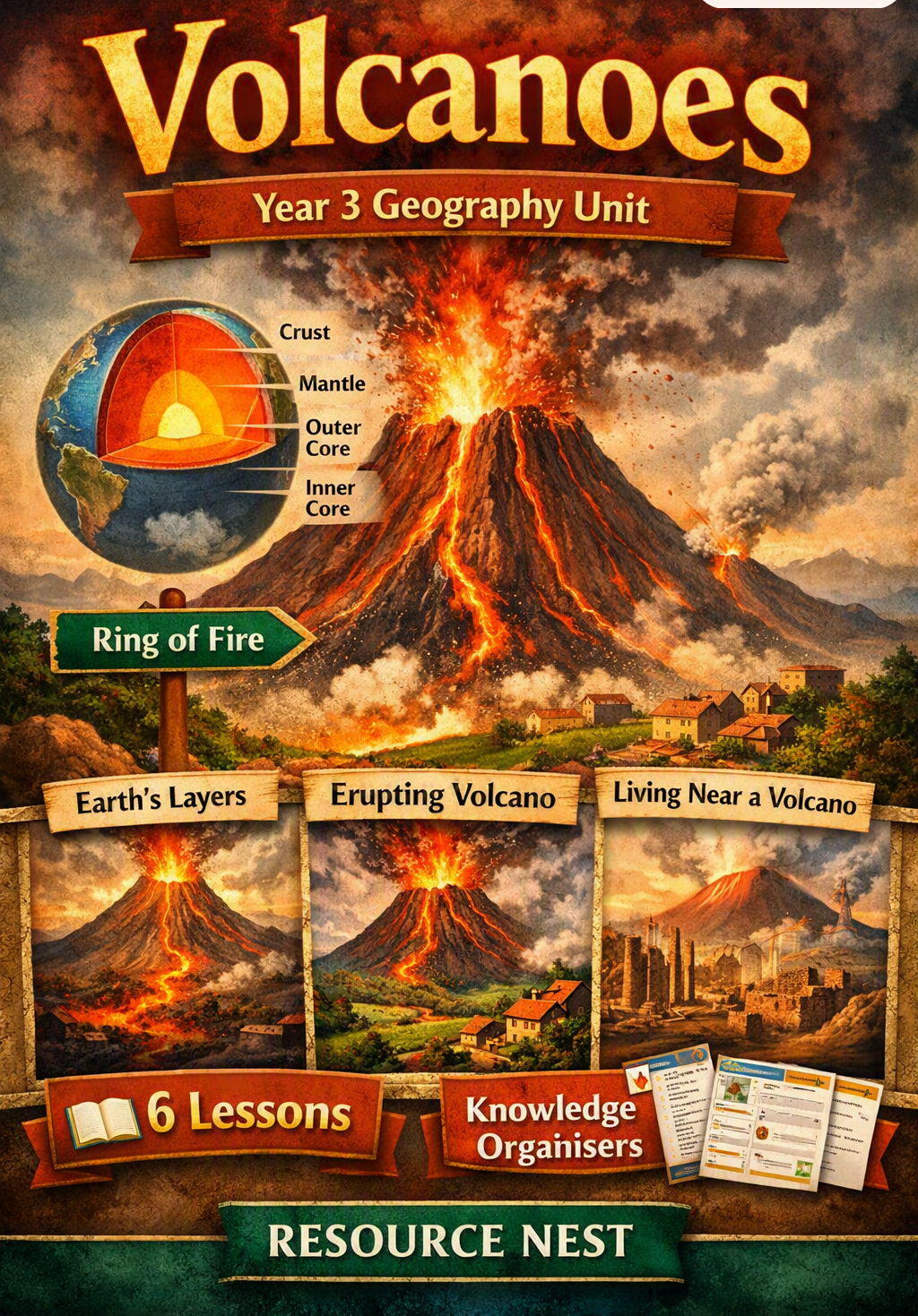 Year 3 Volcanoes – Complete Teaching Bundle (6 Lessons + Dual Knowledge Organiser)