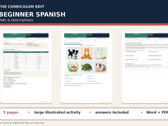 Spanish Pets Illustrated Worksheet | Beginner A1–A2 | Answers Included
