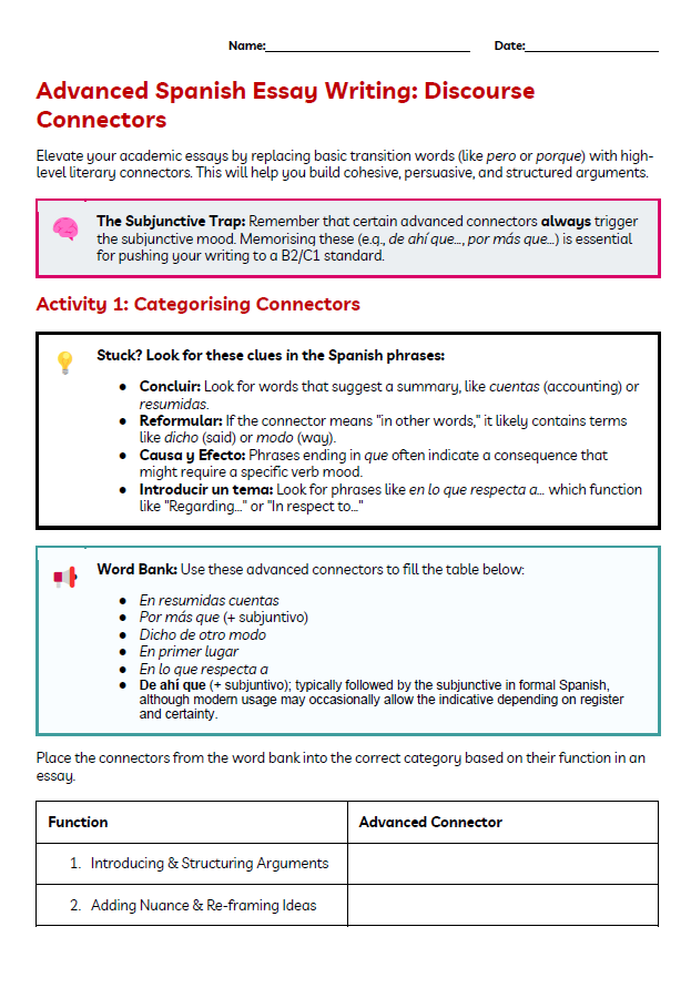 Spanish Connectors and Subjunctive Mastery Pack | A Level & AP Advanced ...