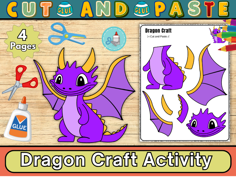 Dragon Craft Activity-Fairytales Activities-Cut & Paste Activity-Color, Printable