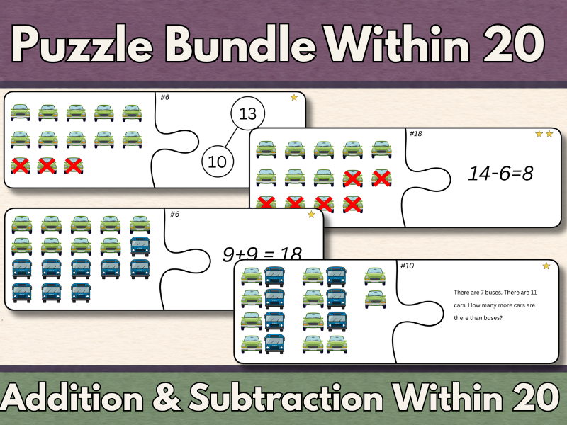 Addition & Subtraction Within 20 Math Puzzle Bundle | 1st Grade Math Centers