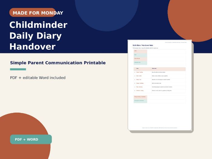 Childminder Daily Diary / Handover Note | £1 Printable
