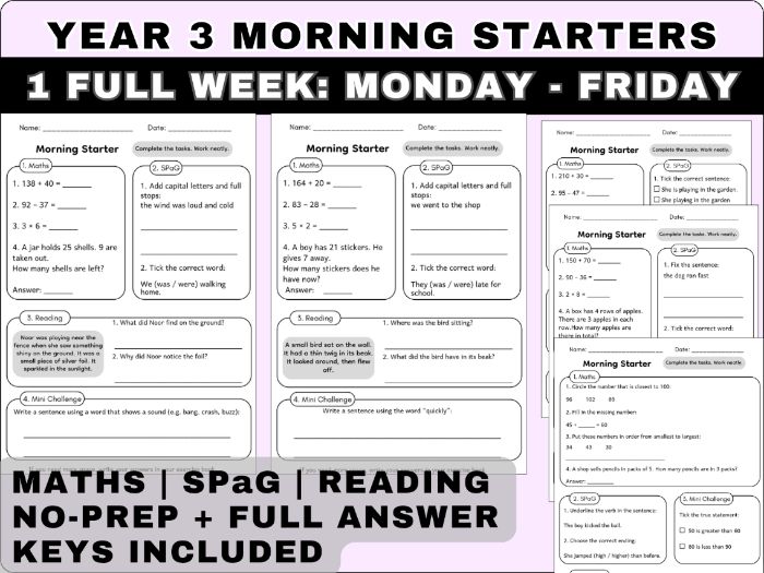 Year 3 Morning Starters | 1 Week of Daily Maths, SPaG & Reading | KS2 Early Work with Answer keys