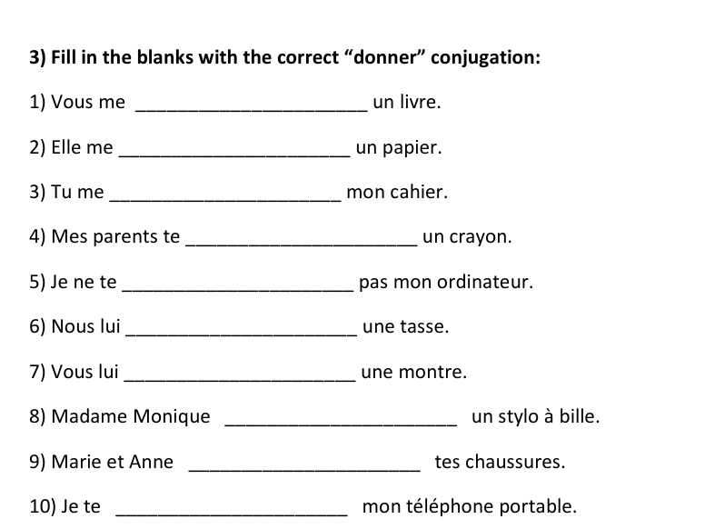 DONNER Conjugation Worksheets | Present Tense | LE Verbe DONNER