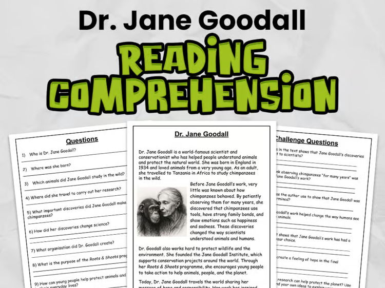 Dr. Jane Goodall Reading Comprehension for KS2 & Gr 3 - 5 | Guided Reading Task