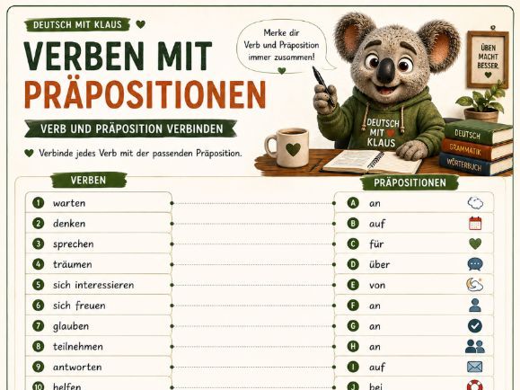German Verbs with Prepositions Worksheets | A2–B1 German Grammar Practice