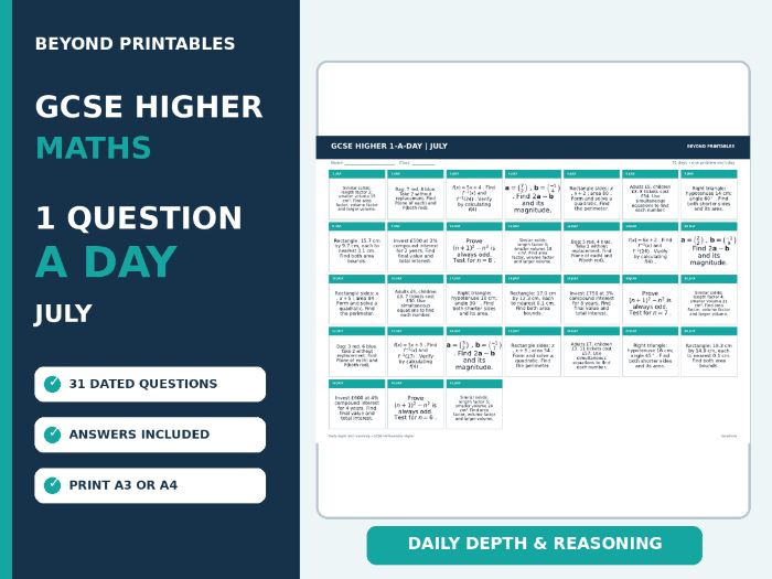 GCSE Higher Maths 1-a-Day July | Daily Reasoning | Answers | A3/A4