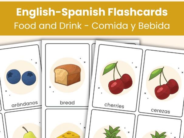 English - Spanish Flashcards – Food & Drink Vocabulary (84 Printable Cards)
