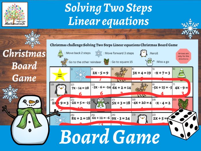 Solving Two-Steps Linear Equations Christmas Maths board Dice Game