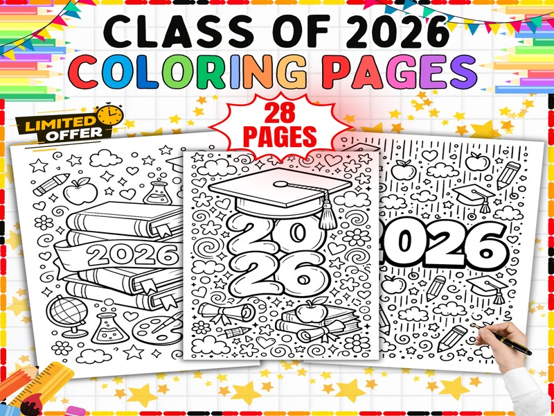 Graduation Coloring Sheets | 28 Page Coloring Sheets | Class of 2026 Caps and Flowers