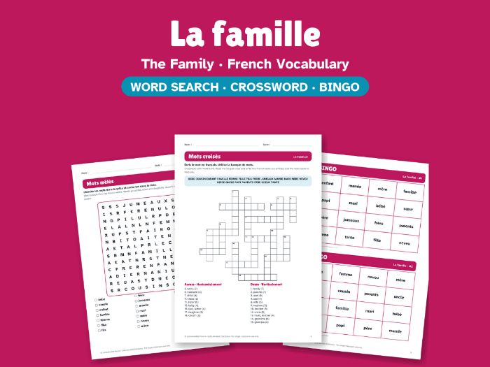 The Family in French: Word Search, Crossword & Bingo